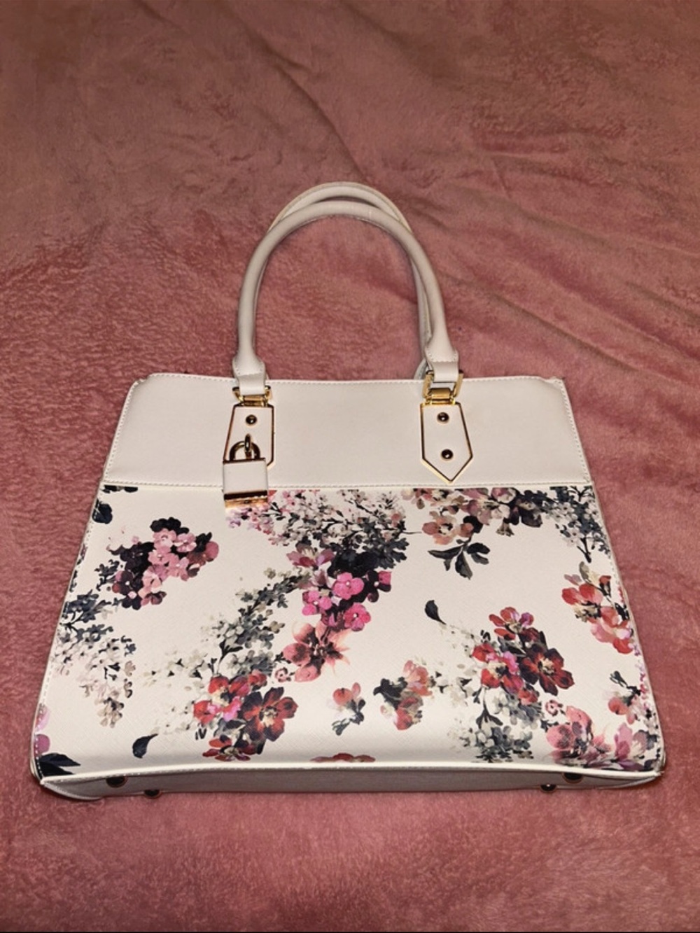 Women's Floral Tote Handbag in White and Pink